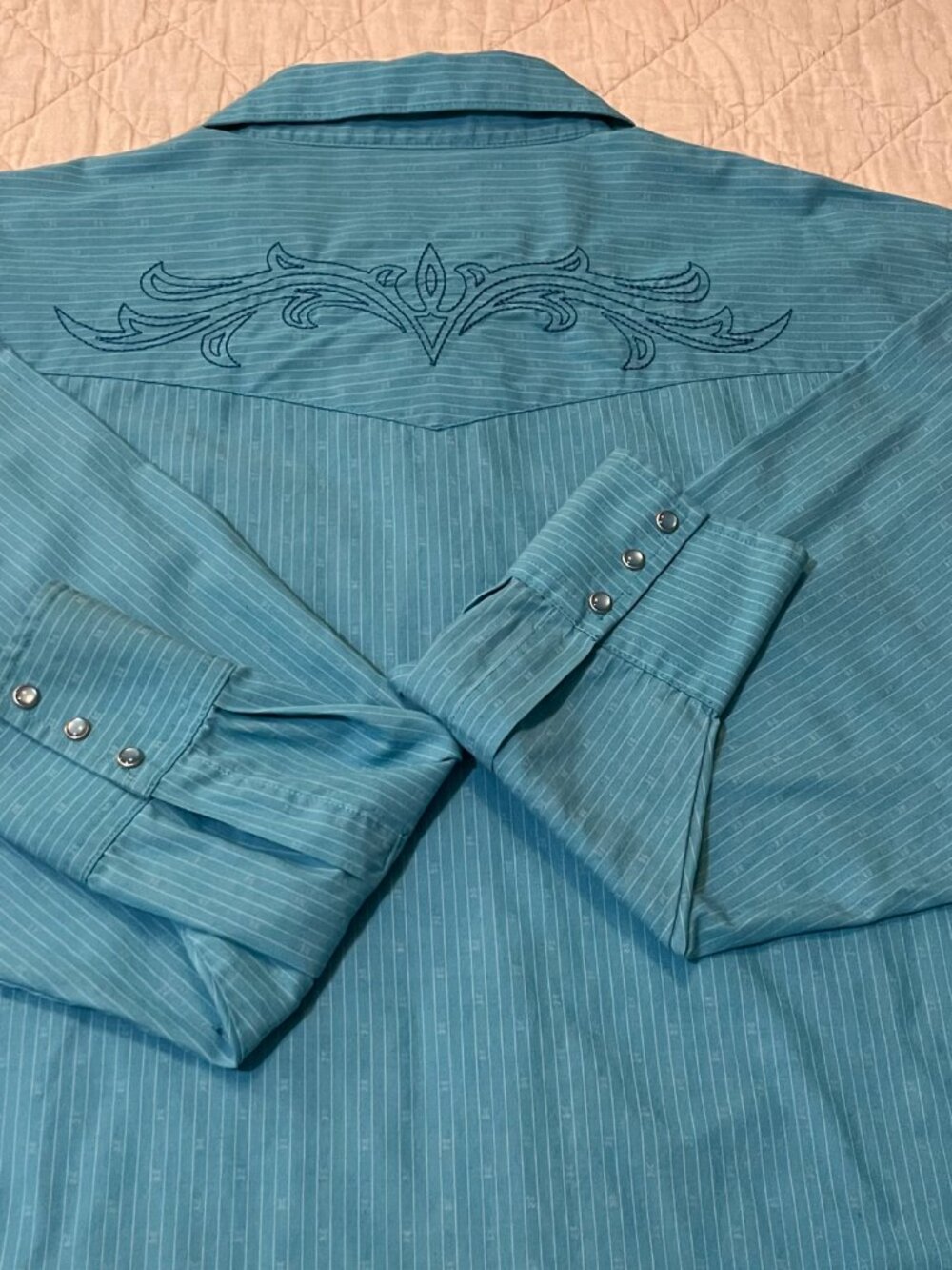 Men's XXL Wrangler Aqua/White Pinstripe Pearl Snap Long Sleeve Shirt - Picture 5 of 15